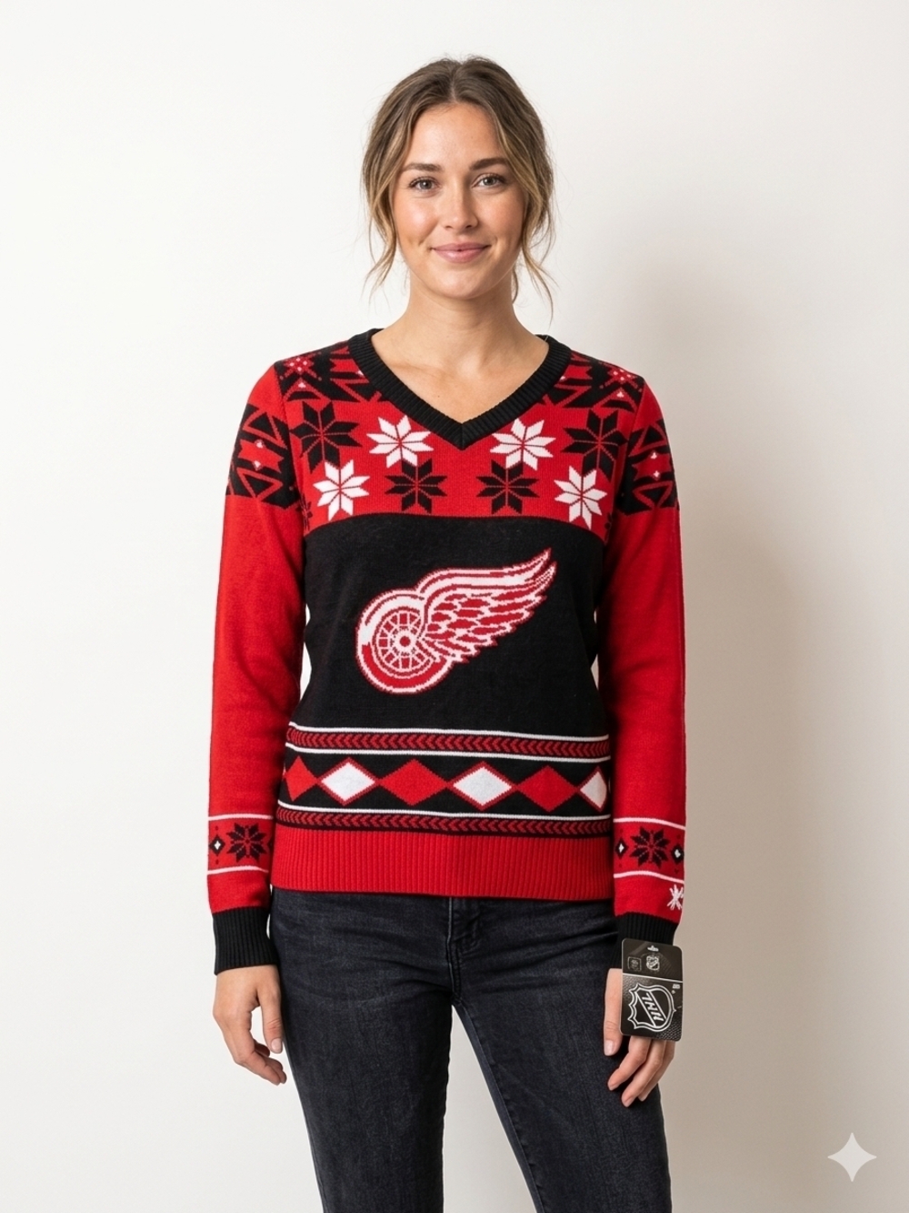 NHL Red & Black Fair Isle V‑Neck Hockey Sweater